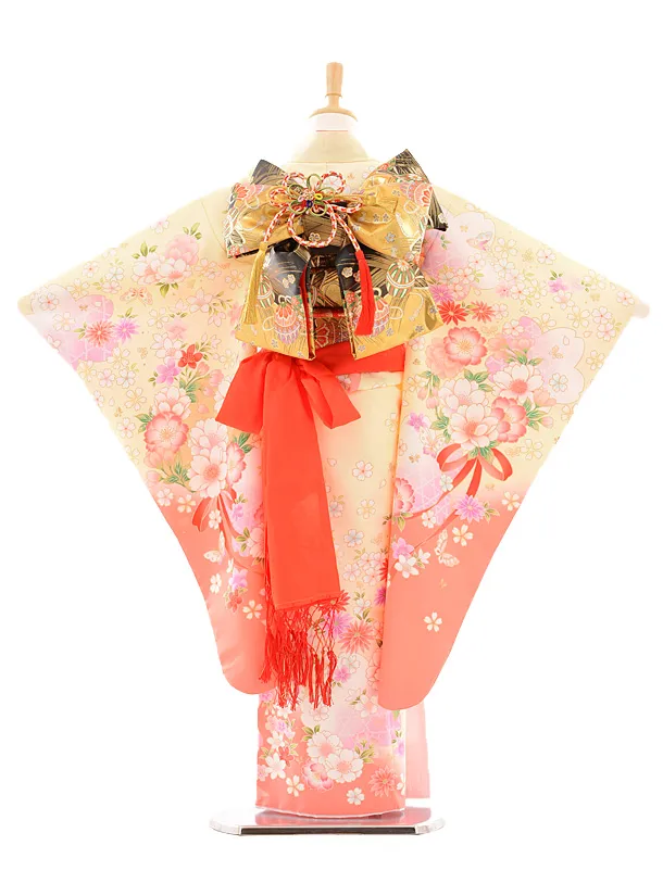 七五三レンタル(7女結び帯)D052 ｸﾘｰﾑ色花ﾘﾎﾞﾝ