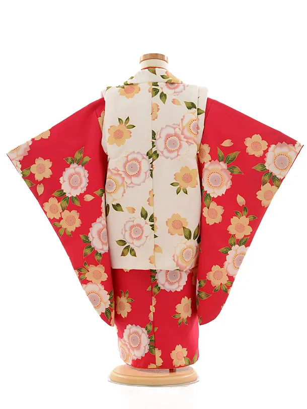 七五三レンタル(3女被布)D069 白桜×紅色