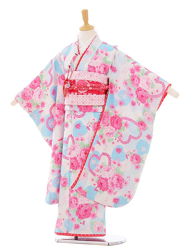 七五三レンタル(7歳女結び帯)F103 白地水色ﾊｰﾄ