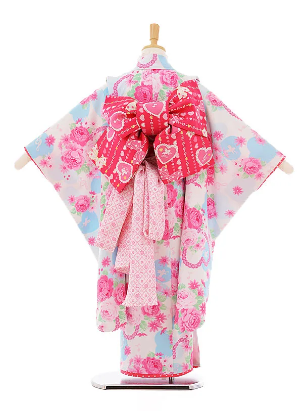 七五三レンタル(7歳女結び帯)F103 白地水色ﾊｰﾄ