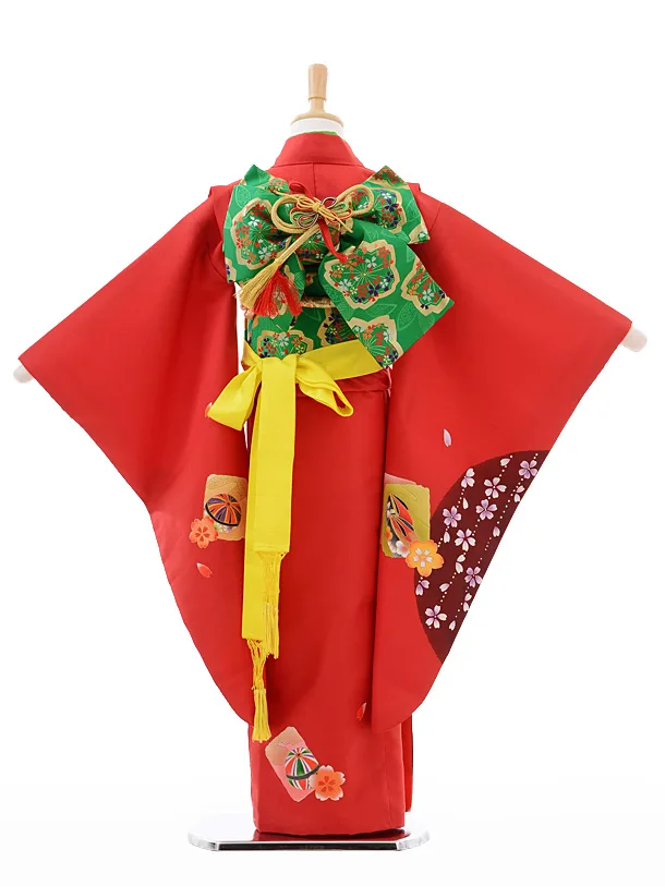 七五三レンタル(7歳女結び帯)G027赤地色紙に桜