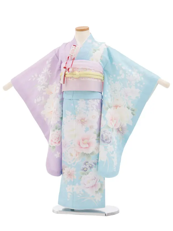 七五三(5歳女児)M009 水色 片身替り 四季花