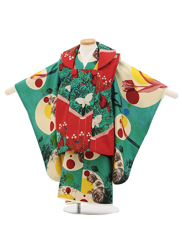 七五三(3歳女児)O201【germer】絵本赤グリーン×連なる円グリーン