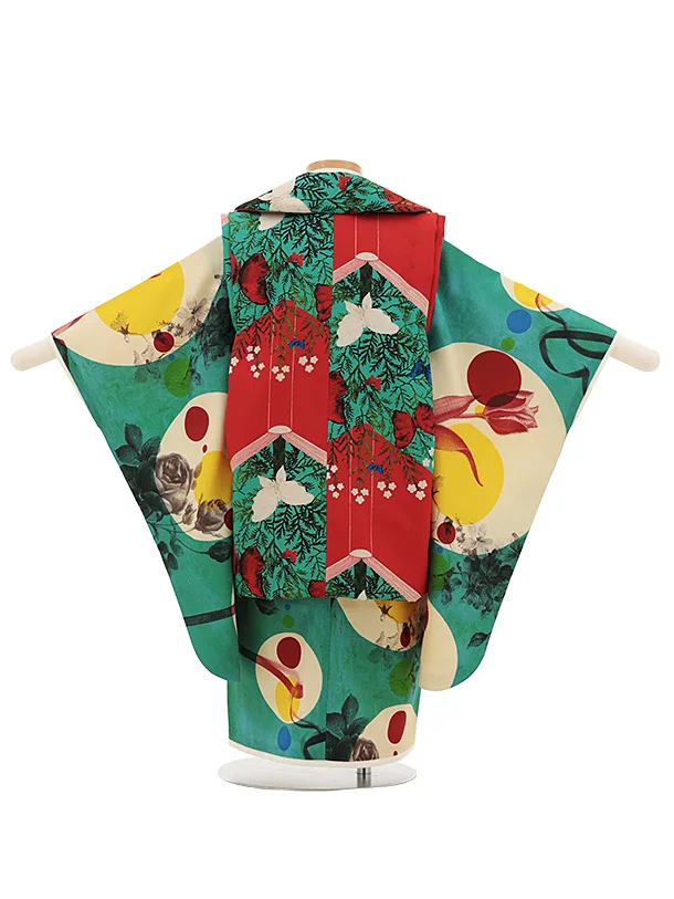 七五三(3歳女児)O201【germer】絵本赤グリーン×連なる円グリーン