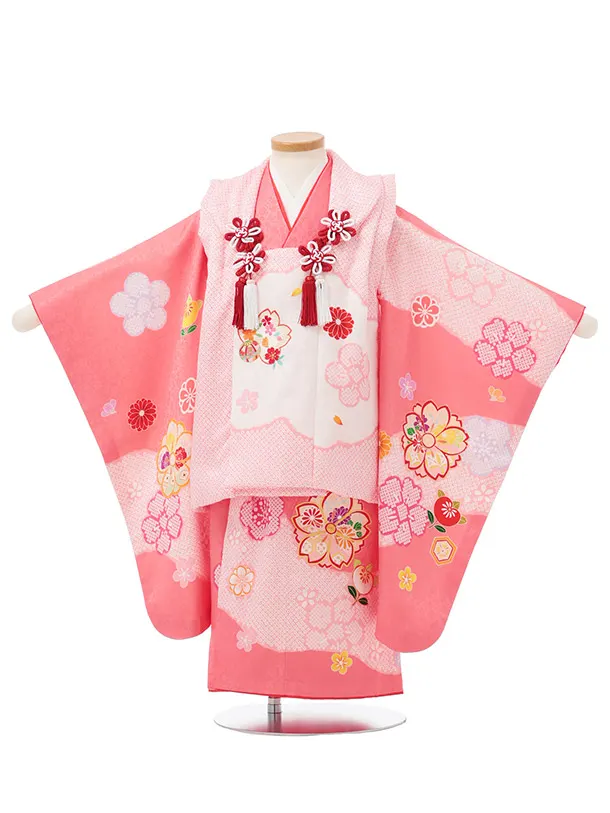 七五三レンタル(3歳女児被布)O254【正絹】ピンク 八重桜に橘