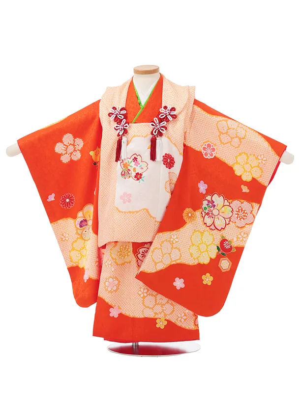 七五三レンタル(3歳女児被布)O255【正絹】オレンジ 八重桜に橘