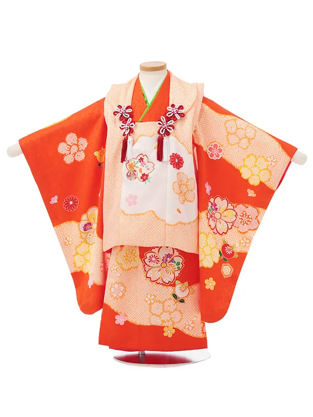 七五三レンタル(3歳女児被布)O255【正絹】オレンジ 八重桜に橘