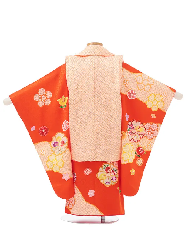 七五三レンタル(3歳女児被布)O255【正絹】オレンジ 八重桜に橘