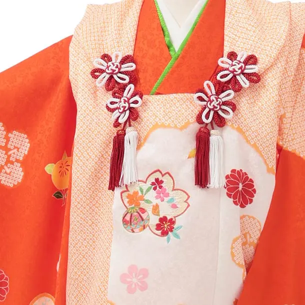 七五三レンタル(3歳女児被布)O255【正絹】オレンジ 八重桜に橘