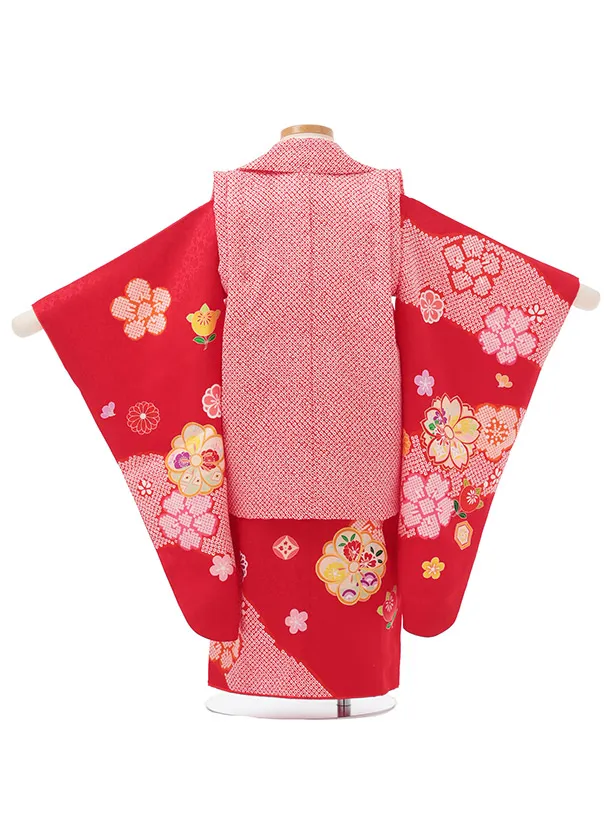 七五三レンタル(3歳女児被布)O256【正絹】赤 八重桜に橘