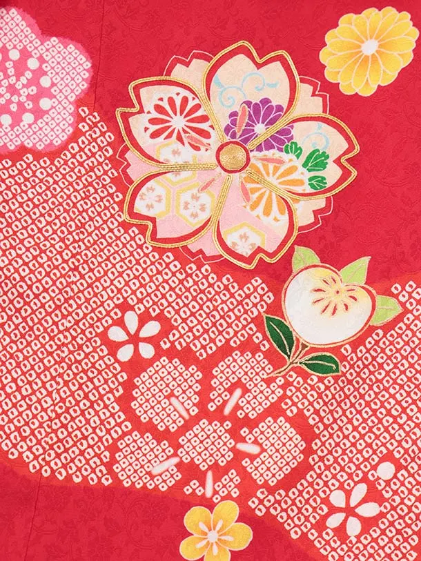 七五三レンタル(3歳女児被布)O256【正絹】赤 八重桜に橘