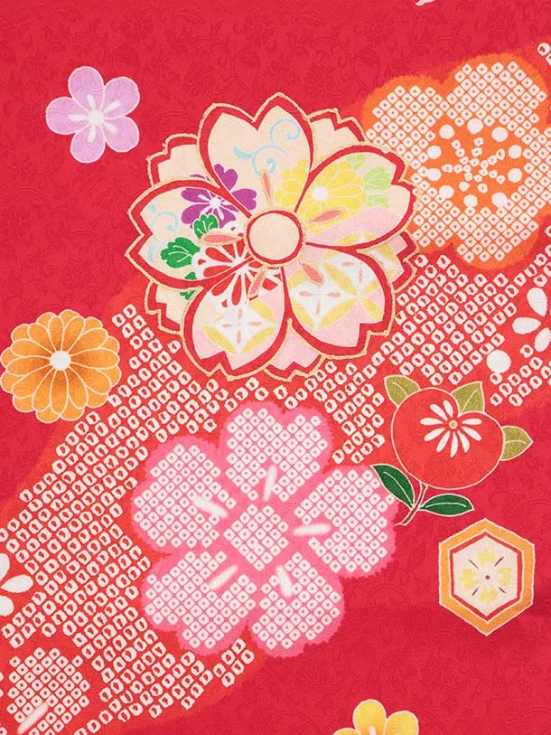 七五三レンタル(3歳女児被布)O256【正絹】赤 八重桜に橘