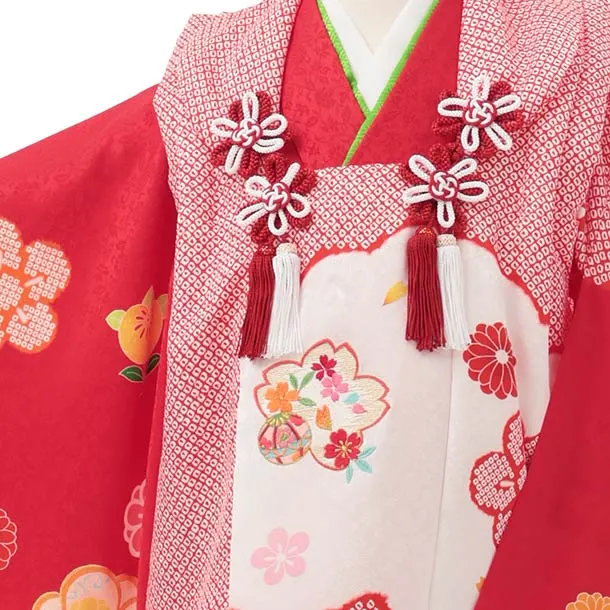 七五三レンタル(3歳女児被布)O256【正絹】赤 八重桜に橘