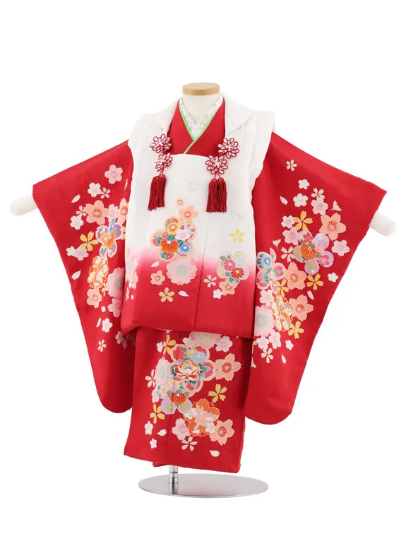 七五三レンタル(3歳女児被布)S024【正絹】白×赤 桜