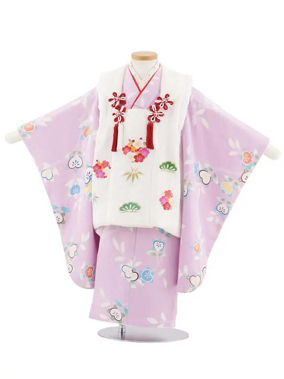 七五三レンタル(3歳女児被布)S026【正絹】白地松竹梅×薄紫橘