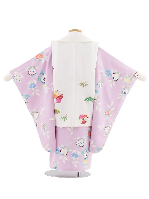 七五三レンタル(3歳女児被布)S026【正絹】白地松竹梅×薄紫橘