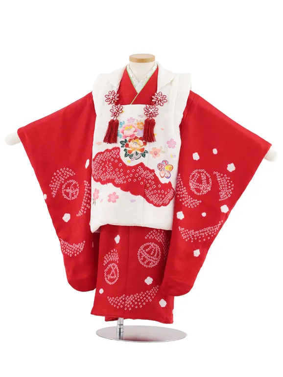 七五三レンタル(3歳女児被布)S027【正絹】白地花籠×赤地鞠