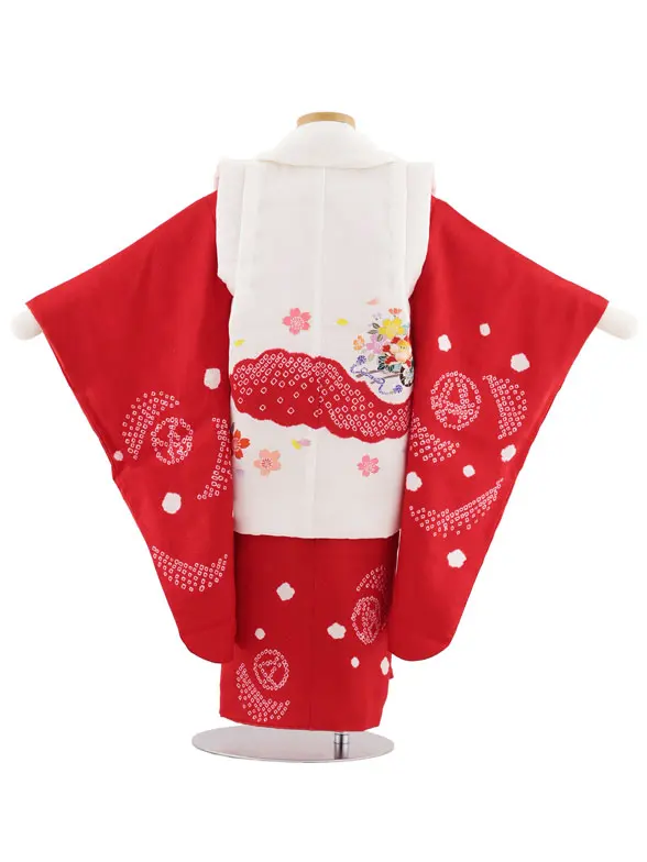 七五三レンタル(3歳女児被布)S027【正絹】白地花籠×赤地鞠