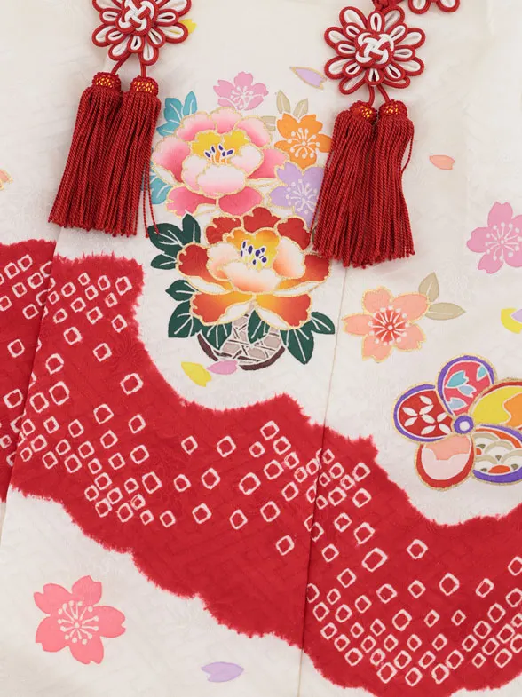 七五三レンタル(3歳女児被布)S027【正絹】白地花籠×赤地鞠