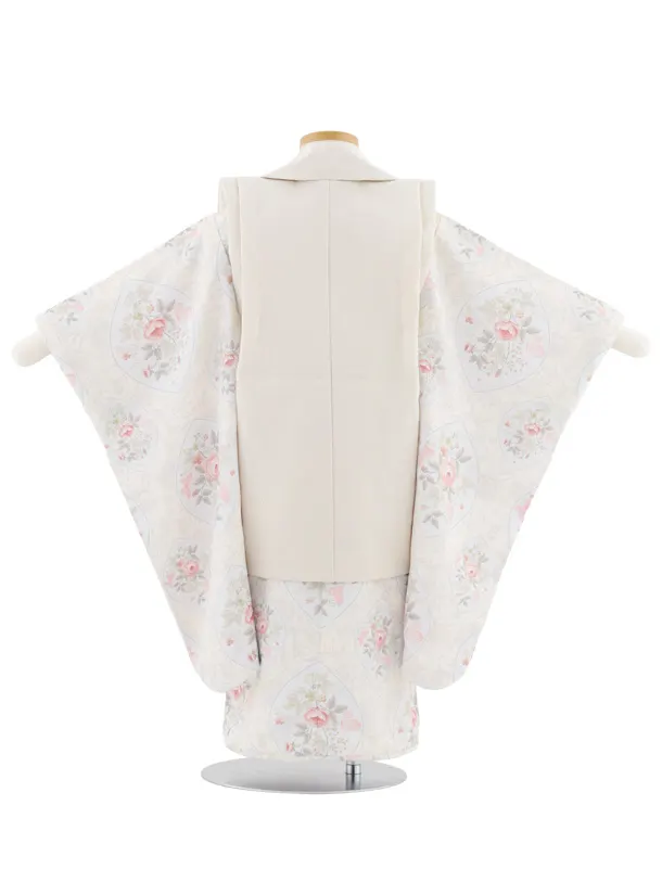 七五三レンタル(3歳女児被布)S041 ベージュ刺繍花×ベージュ洋花