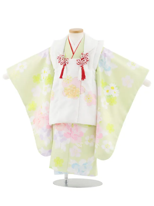 七五三レンタル(3歳女児被布)S045 白×黄緑 花模様