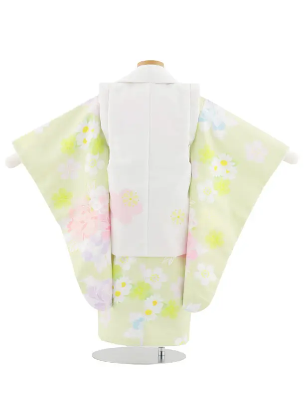 七五三レンタル(3歳女児被布)S045 白×黄緑 花模様