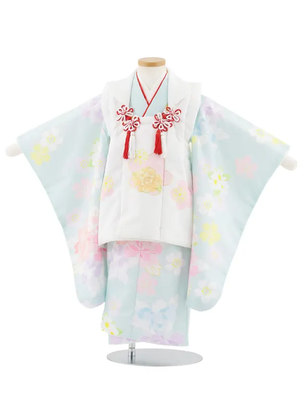 七五三レンタル(3歳女児被布)S046 白×水色 花模様