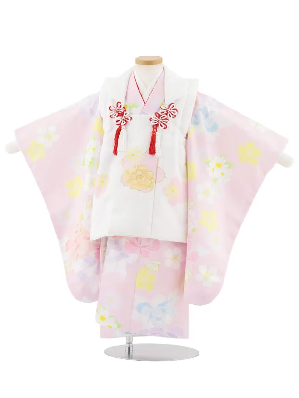 七五三レンタル(3歳女児被布)S047 白×ピンク 花模様
