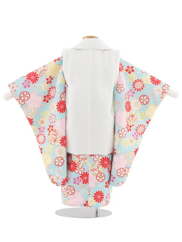 七五三レンタル(3歳女児被布)S050 白地×水色 鞠と花