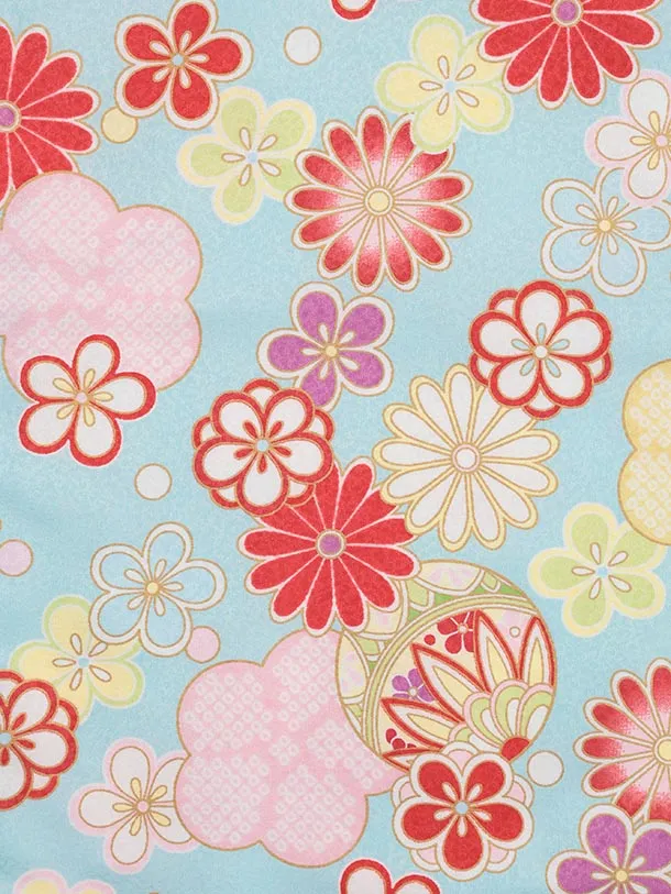 七五三レンタル(3歳女児被布)S050 白地×水色 鞠と花