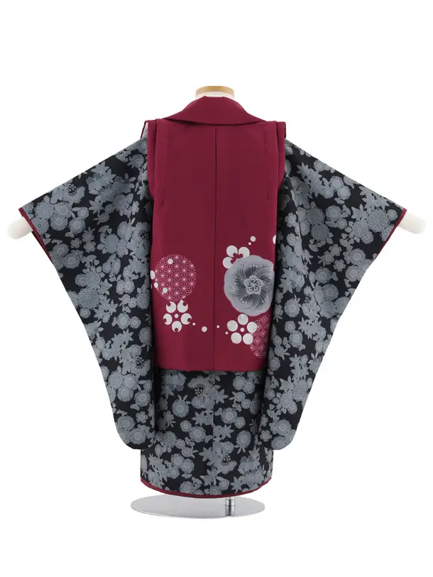 七五三レンタル(3歳女児被布)S054 ボルドー梅×グレー小花