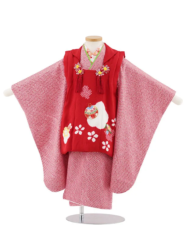 七五三レンタル(3歳女児被布)S059【正絹】赤地刺繍鞠×赤絞り