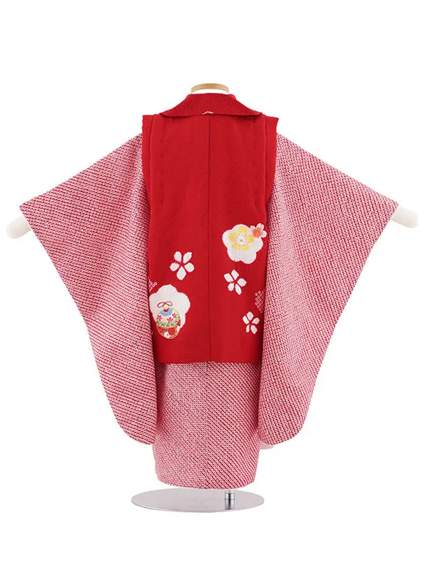 七五三レンタル(3歳女児被布)S059【正絹】赤地刺繍鞠×赤絞り