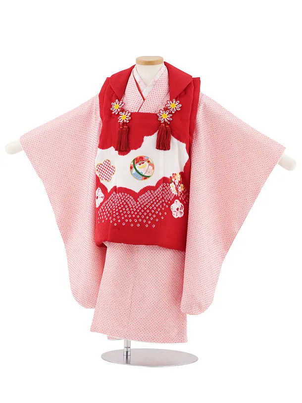 七五三レンタル(3歳女児被布)S060【正絹】赤地刺繍鞠×ピンク絞り