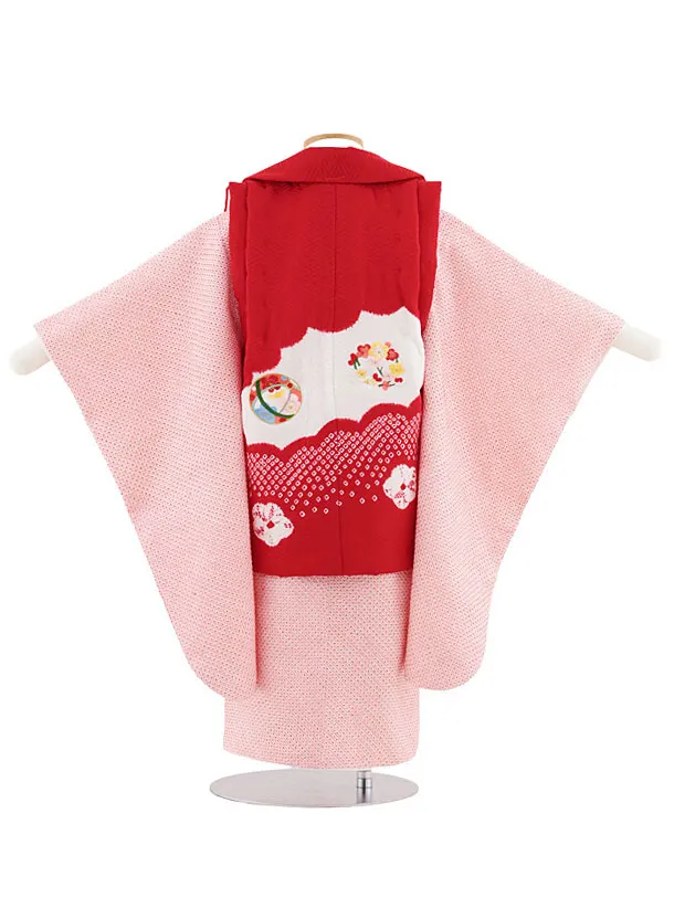 七五三レンタル(3歳女児被布)S060【正絹】赤地刺繍鞠×ピンク絞り