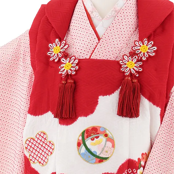 七五三レンタル(3歳女児被布)S060【正絹】赤地刺繍鞠×ピンク絞り