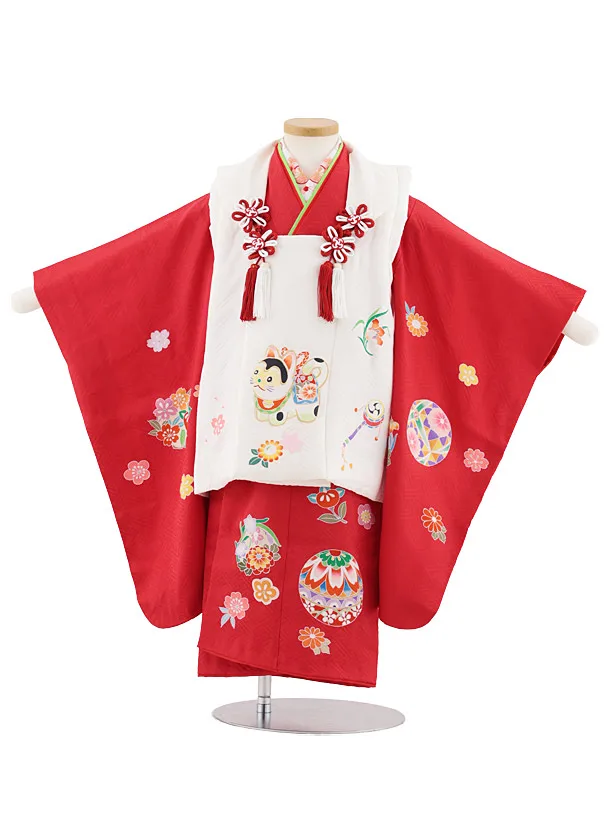 七五三レンタル(3歳女児被布)S062【正絹】白 犬張り子×赤鞠花