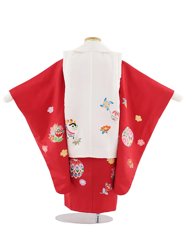 七五三レンタル(3歳女児被布)S062【正絹】白 犬張り子×赤鞠花