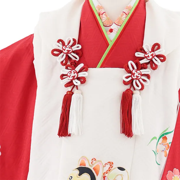 七五三レンタル(3歳女児被布)S062【正絹】白 犬張り子×赤鞠花