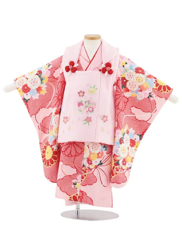 七五三レンタル(3歳女児被布)S067 ピンク刺繍 桜鞠×ピンク薬玉菊