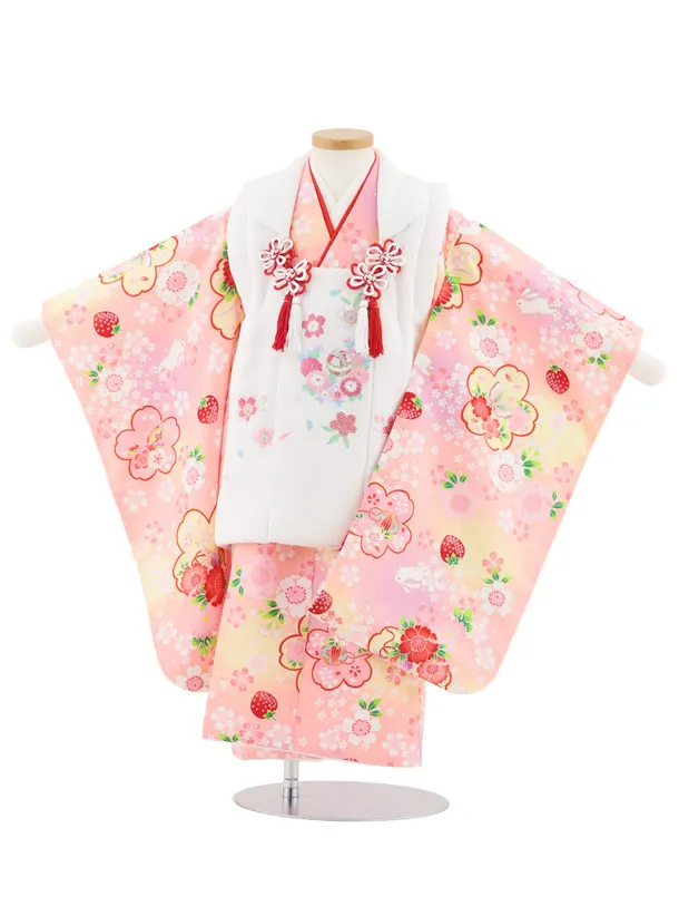 七五三レンタル(3歳女児被布)S069 白刺繍桜鞠×淡ピンク桜兎いちご