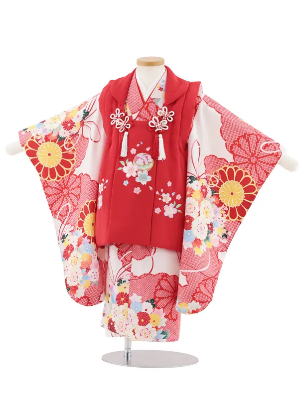 七五三レンタル(3歳女児被布)S072 赤刺繍 桜鞠×白地薬玉菊