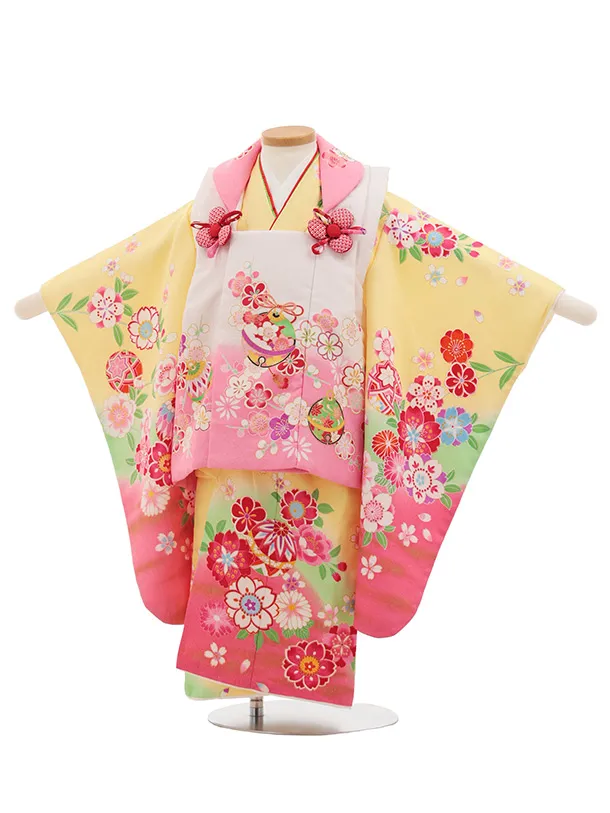 七五三レンタル(3歳女児被布)S073 白×黄 鞠桜菊