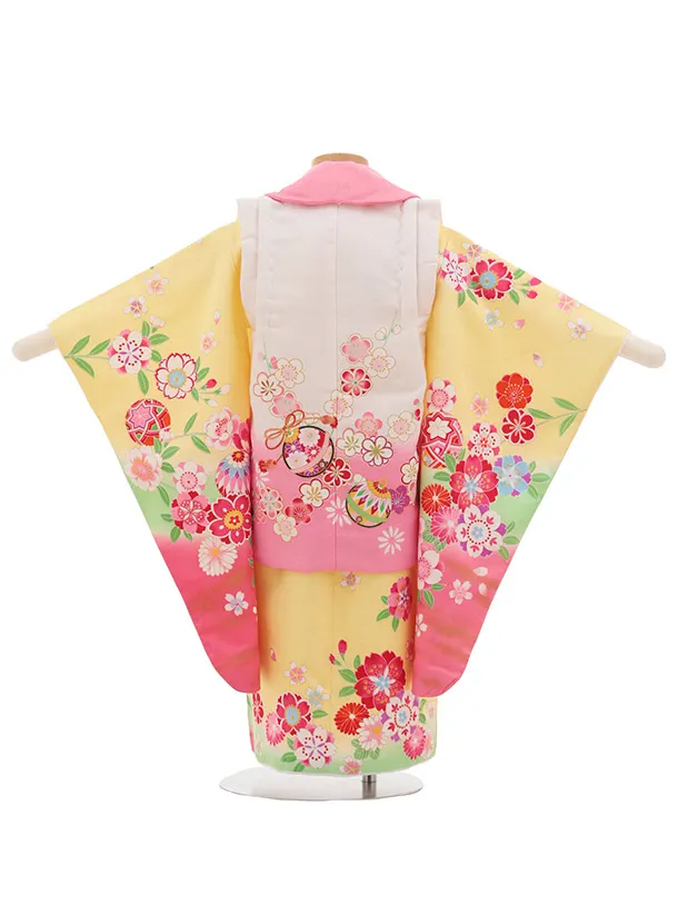 七五三レンタル(3歳女児被布)S073 白×黄 鞠桜菊