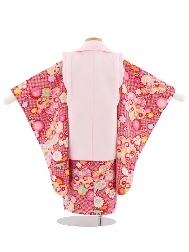 七五三レンタル(3歳女児被布)S074 ピンク×赤鹿の子 ねじり梅