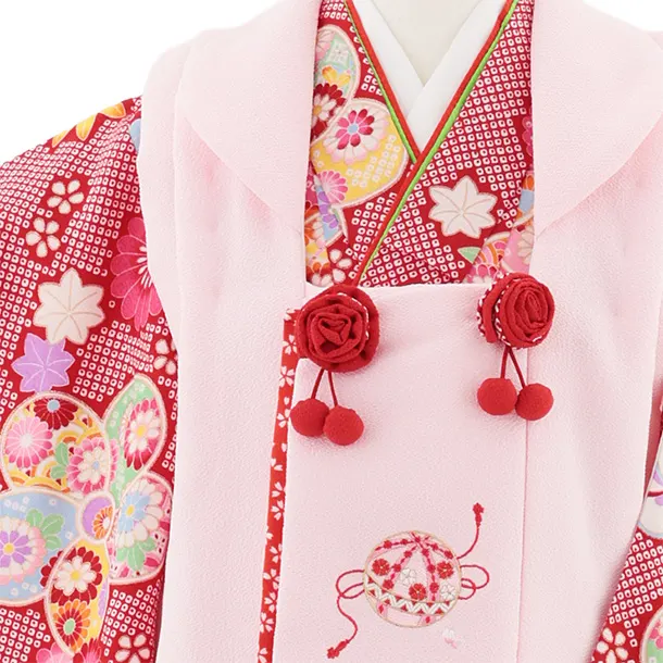 七五三レンタル(3歳女児被布)S074 ピンク×赤鹿の子 ねじり梅