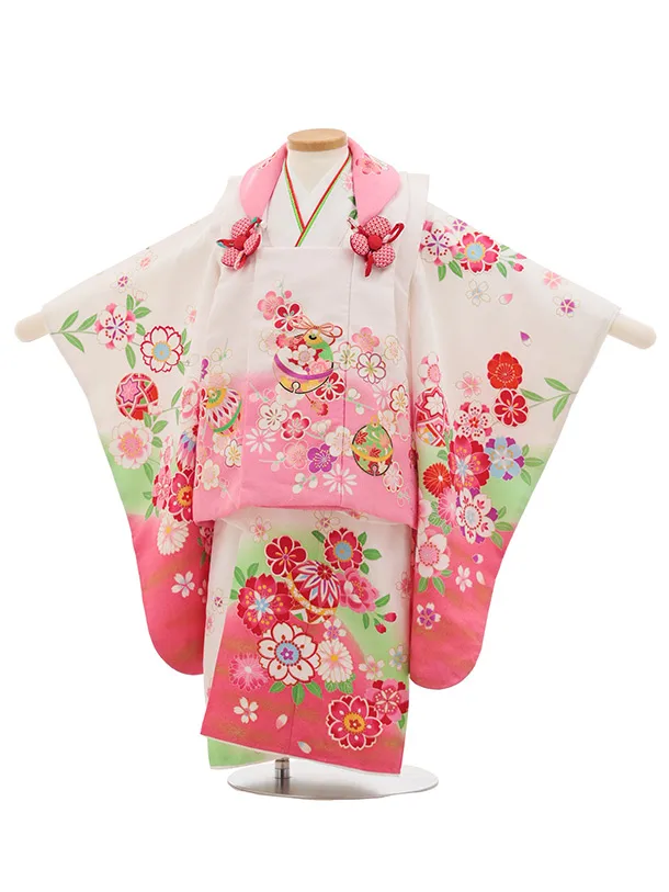 七五三レンタル(3歳女児被布)S075 白×ピンク 鞠桜菊