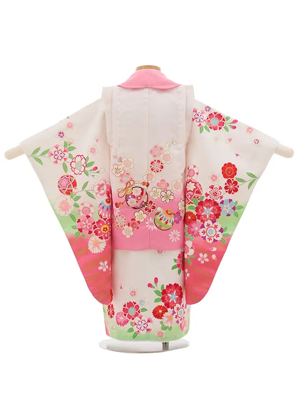 七五三レンタル(3歳女児被布)S075 白×ピンク 鞠桜菊