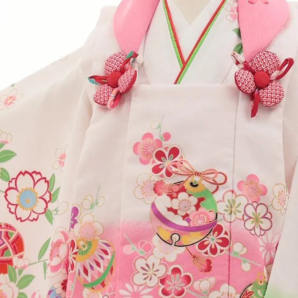 七五三レンタル(3歳女児被布)S075 白×ピンク 鞠桜菊