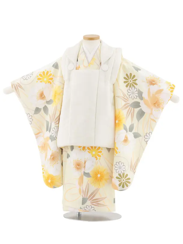 七五三レンタル(3歳女児被布)S080 白×薄黄 牡丹